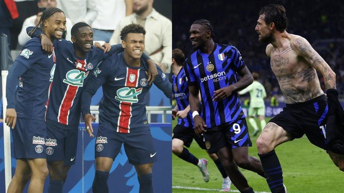 Los jugadores del PSG Bradley Barcola, Ousmane Dembélé y Désiré Doué (izquierda), y los del Inter de milán Marcus Thuram y Francesco Acerbi.