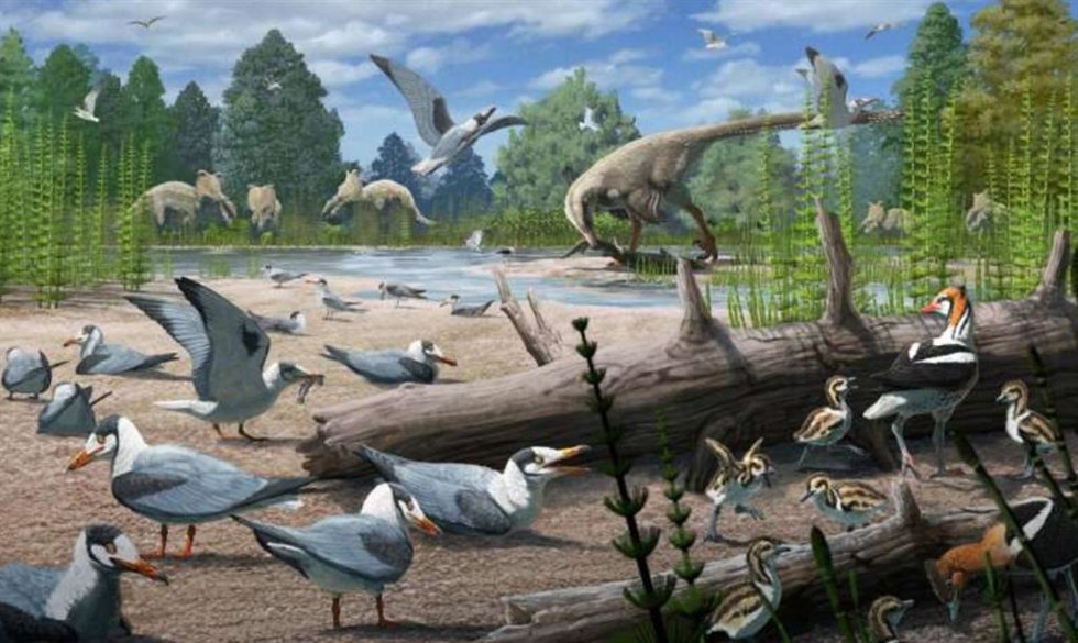 Ilustración de aves del Cretácico con otros dinosaurios del mismo período al fondo. Un artículo de la revista Science documenta el ejemplo más antiguo conocido de anidación de aves en las regiones polares.