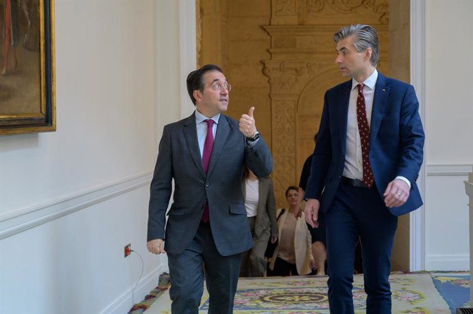 El ministro de Asuntos Exteriores, José Manuel Albares, y su homólogo de Lituania, Kestudis Budrys, durante su reunión en Madrid