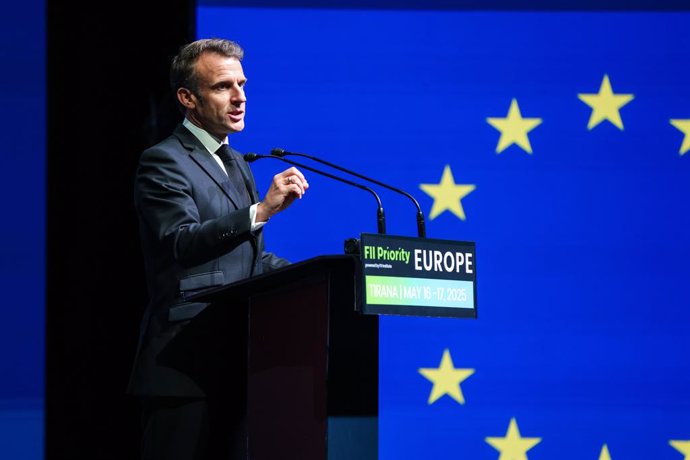 May 17, 2025, Tirana, Tirana, Albania: France's President Emmanuel Macron speaks during the Future Investment Initiative FII Priority Europe Summit held in Tirana, Albania on May 17, 2025
