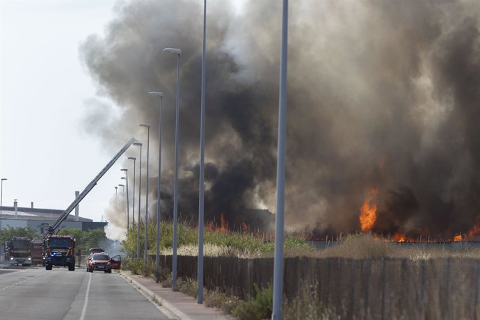 Densa columna de fum negre que ix de l'incendi en un antic desballestament abandonat a Almassora
