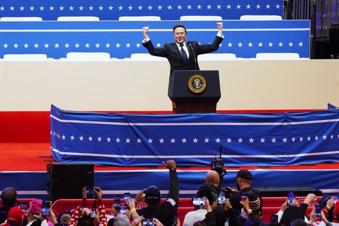 WASHINGTON, May 29, 2025  -- This file photo taken on Jan. 20, 2025 shows Elon Musk delivering a speech at Capital One arena in Washington, D.C., the United States. Tesla CEO Elon Musk said on May 28 that he is leaving his government role as an adviser to