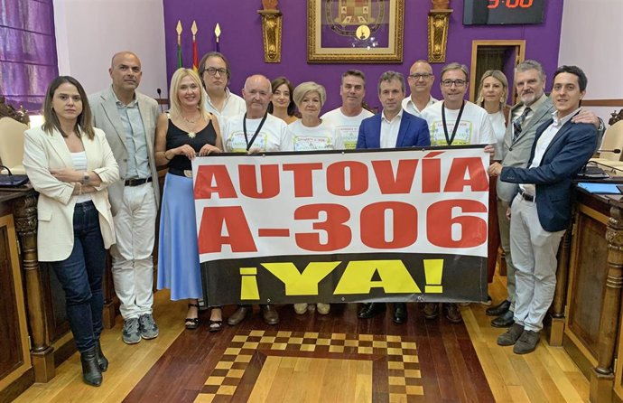 Miembros de la Plataforma Ciudadana por la A-306, junto a representantes de PSOE y JM+, en el pleno del Ayuntamiento de Jaén.