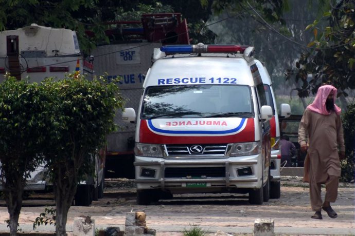 MURIDKE, May 7, 2025  -- An ambulance is seen near destroyed buildings after an Indian missile attack in Muridke, a town near Lahore, Pakistan on May 7, 2025. Twenty-six people, including women and children, were killed and 46 others injured when India at