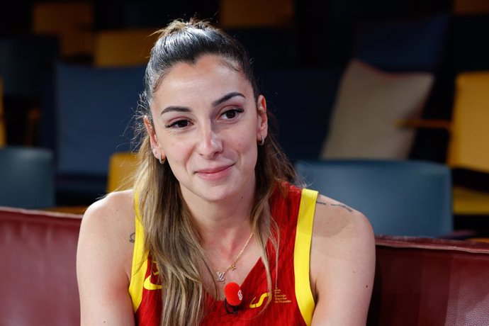 Mariona Ortiz attends a interview during the official presentation of the Spanish Women's Basketball National Team for Eurobasket at “All in One” Center on May 19, 2025, in Madrid, Spain.