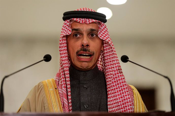 January 23, 2025, Baabda, Baabda, Lebanon: Saudi Foreign Minister Prince Faisal bin Farhan gestures as he addresses journalists after his meeting with Lebanese President Joseph Aoun in Baabda palace southeast of Beirut. Prince Bin Farhan became the most s