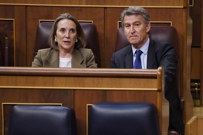 O secretário-geral do PP, Cuca Gamarra, e o presidente do PP, Alberto Núñez Feijóo, durante uma sessão plenária, em 28 de maio de 2025, em Madri (Espanha). O governo enfrenta uma ofensiva do PP e do Vox no Congresso sobre a unidade do governo do país.