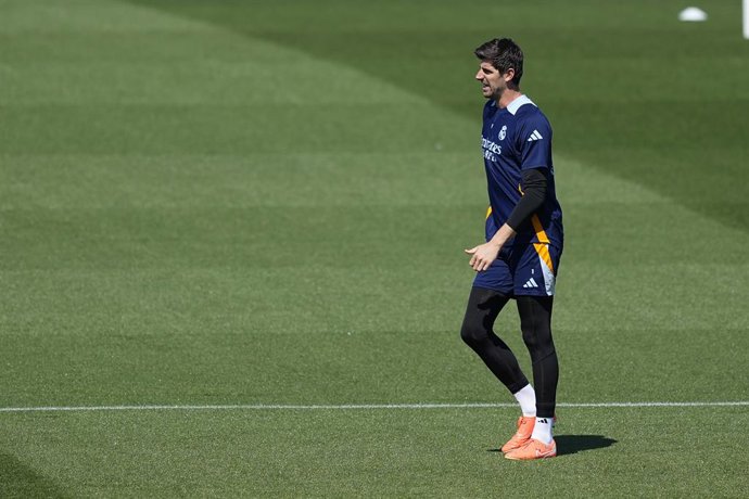 Thibaut Courtois during the training day of Real Madrid ahead the Spanish League, LaLiga EA Sports, football match against RCD Mallorca at Ciudad Deportiva Real Madrid on May 13, 2025, in Valdebebas, Madrid, Spain.