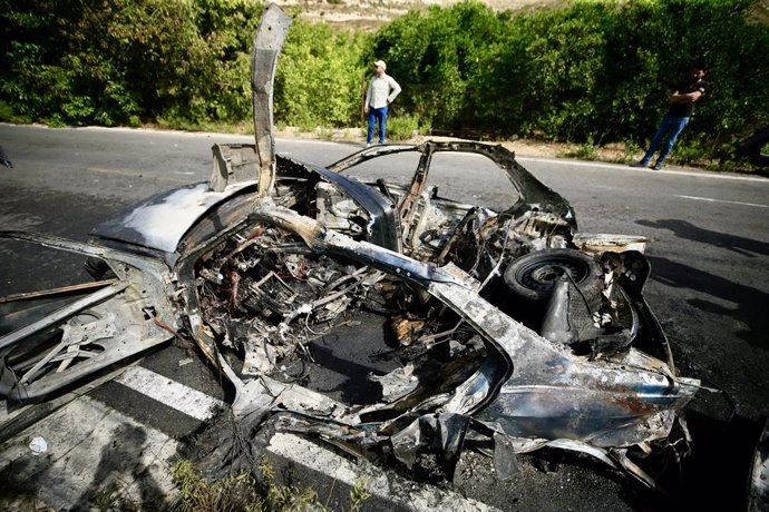 MAZRAAT JEMJIM, May 18, 2025  -- This photo taken on May 17, 2025 shows the wreckage of a car that was bombed by an Israeli drone in Mazraat Jemjim, Lebanon. The Israel Defense Forces (IDF) said in a statement that it struck and killed a Hezbollah command