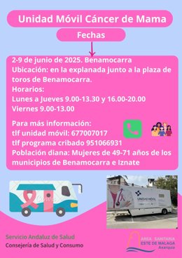 Cartel anunciador del programa de detección precoz de cáncer de mama, que en este mes de junio va a prestar servicio a mujeres de Benamocarra, Iznate, Almáchar, El Borge, Benamargosa, Comares, Cútar y el anejo de Triana.