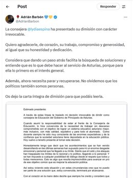 Reacción del presidente del Principado, Adrián Barbón, en su cuenta de X sobre la dimisión de la Consejera de Educación, Lydia Espina.