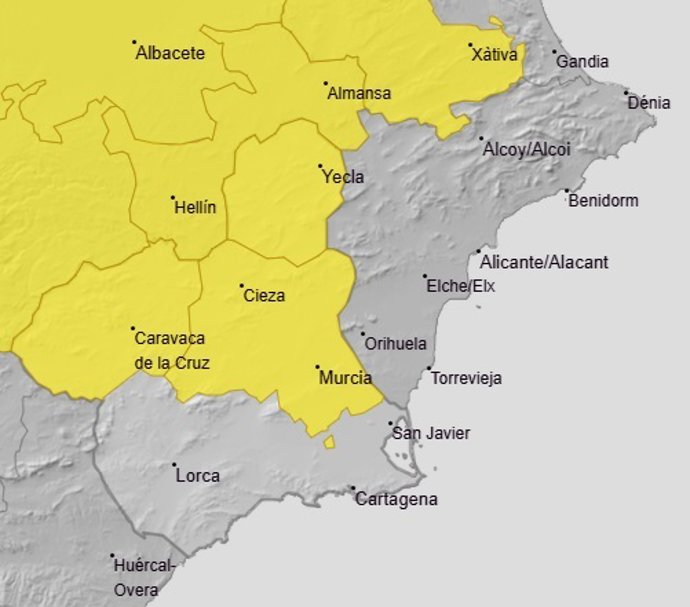 El Altiplano, el Noroeste y la Vega del Segura, en aviso amarillo este martes por la tarde por tormentas con granizo