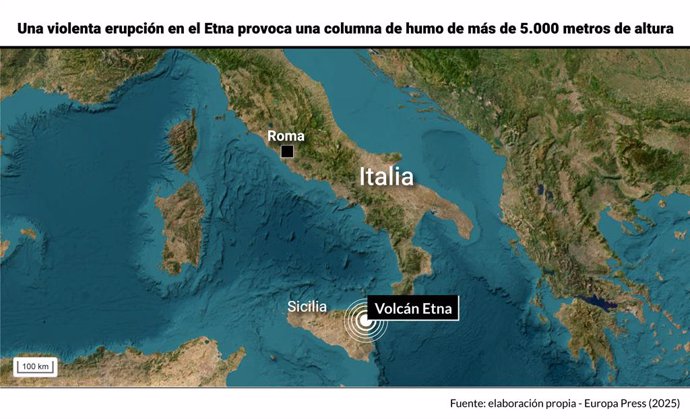 Localización del volcán Etna en Sicilia. El volcán Etna, situado en la isla italiana de Sicilia, ha entrado en erupción este lunes de madrugada, lo que ha derivado en la repentina emisión de una columna de humo y ceniza que se ha elevado por encima de los