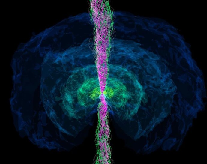 Imagen fija de la simulación numérica, aproximadamente 1,3 segundos después de la fusión de estrellas de neutrones.