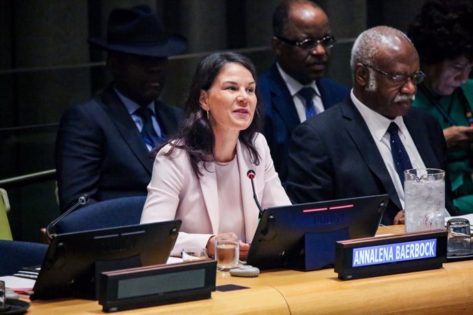 15 May 2025, US, New York: Former German Foreign Minister Annalena Baerbock speaks during an informal interactive dialog in the Trusteeship Council chamber at United Nations headquarters. Annalena is the only candidate for the one-year and largely ceremon