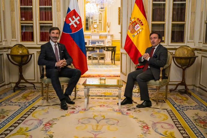 El ministro de Asuntos Exteriores, UE y Cooperación, José Manuel Albares, y su homologo de Eslovaquia, Juraj Blanar, durante su encuentro en Madrid