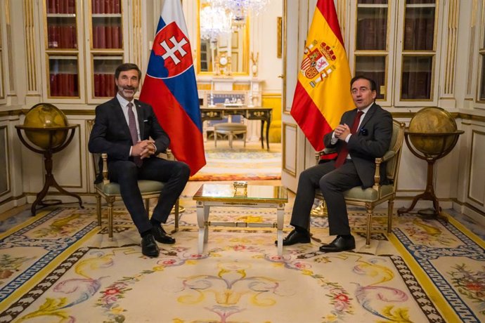 El ministro de Asuntos Exteriores, UE y Cooperación, José Manuel Albares, y su homologo de Eslovaquia, Juraj Blanar, durante su encuentro en Madrid