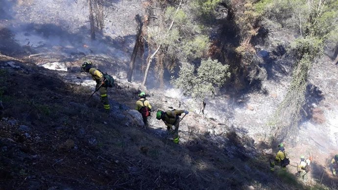 Archivo - Bomberos forestales del Plan Infoca trabajan en las labores de extinción de un incendio agrícola, en una imagen de archivo.