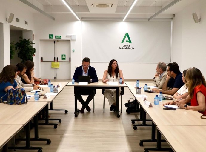 La consejera de Inclusión Social, Juventud, Familias e Igualdad, Loles López, en la reunión mantenida con Cermi-Andalucía) y a miembros de las patronales del sector de la dependencia.