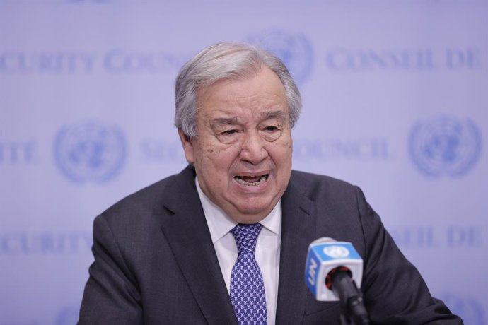 23 de maio de 2025, Nova York, Ny, EUA: Nova York, NY/EUA - 23 de maio de 2025: O Secretário-Geral das Nações Unidas, Antonio Guterres, realizou um encontro com a imprensa na sede das Nações Unidas para abordar a piora da situação humanitária em Gaza. O e