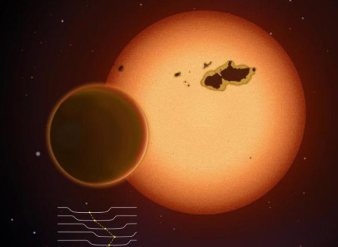 Vista artística do sistema Kepler-725. O pequeno planeta no canto inferior direito é a recém-descoberta super-Terra na zona habitável.