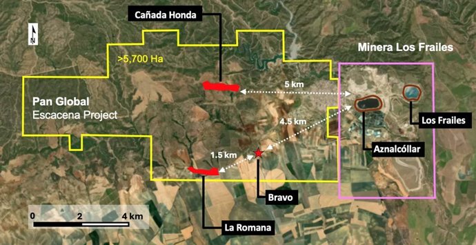 Figure 1: Map showing the Escacena Project and neighbouring Minera Los Frailes Project area, highlighting proximity of Pan Global’s La Romana deposit and the two former open pit mines at Aznalcóllar and Los Frailes.