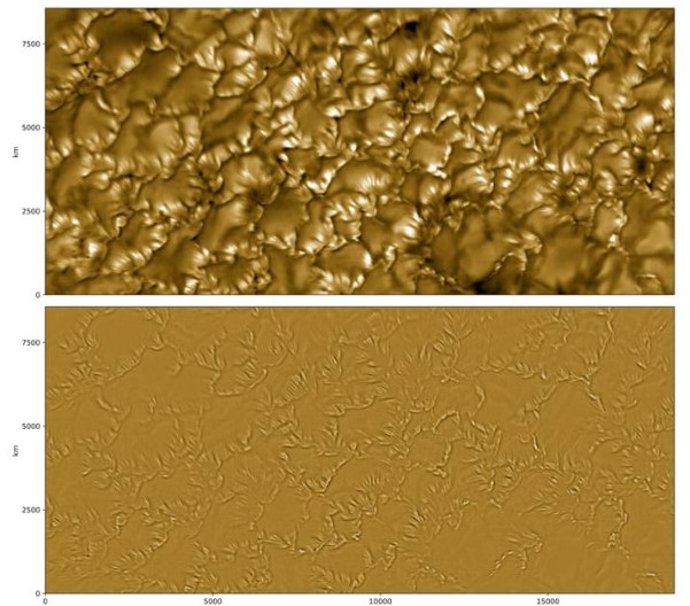 Estruturas filiformes, conhecidas como estrias fotosféricas. O painel inferior mostra uma versão processada da imagem, gerada usando uma técnica de extração de recursos que destaca os detalhes finos desse fenômeno.