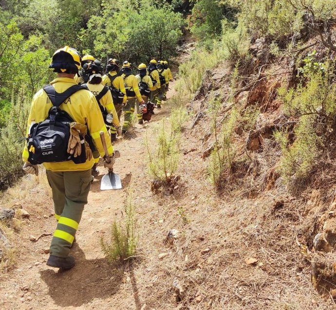 Archivo - Imagen de archivo de bomberos que abandonan un paraje tras extinguir un fuego