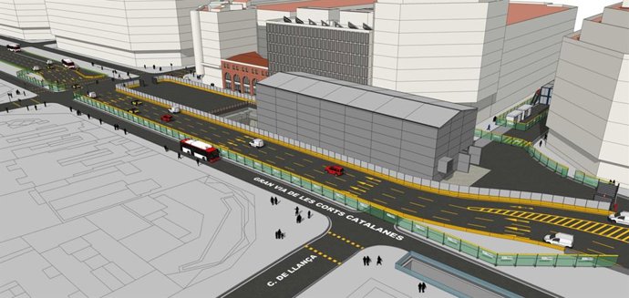 Imagen virtual de la segunda fase de construcción de la nave que se construirá en la Gran Via de Barcelona por las obras de la L8