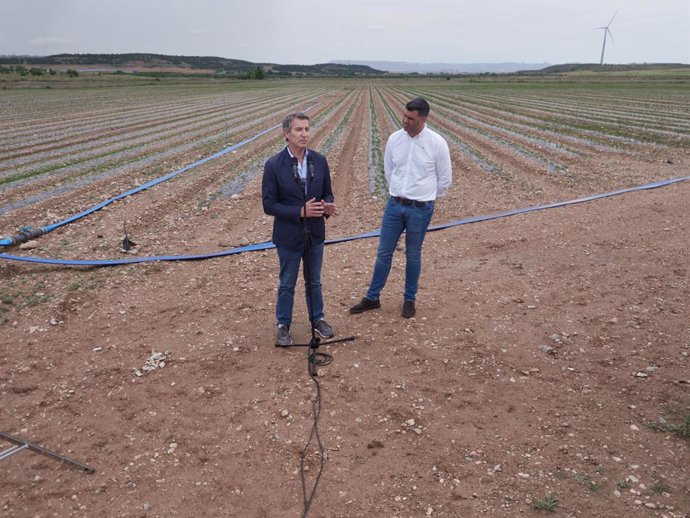 O Presidente do PP, Alberto Núñez Feijóo, falando com o Presidente do PPN, Javier García, após visitar a empresa FHF Frutas y Hortalizas, em 3 de junho de 2025, em Fontellas, Navarra (Espanha). Feijóo viaja a Navarra para visitar uma empresa do setor de