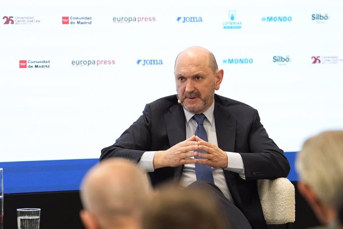 Rafael Louzan, President of Spanish Football Federation RFEF, during the Desayunos Deportivos Europa Press with Rafael Louzan, President of the RFEF, at Camilo Jose Cela University on May 06, 2025 in Milan, Italy.