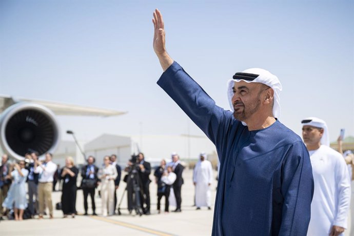 May 16, 2025, Abu Dhabi, Abu Dhabi, United Arab Emirates: Sheikh MOHAMMED BIN ZAYED AL NAHYAN, President of the UAE, bids farewell to the US President and his accompanying delegation at the Presidential Airport in Abu Dhabi.