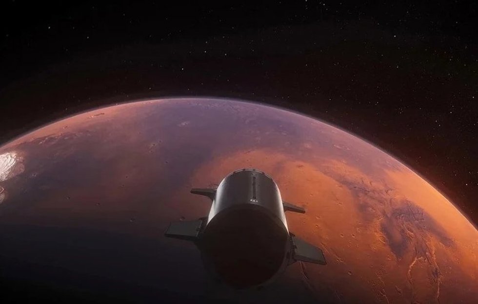 Representación artística de la nave espacial Starship aproximándose a Marte.
