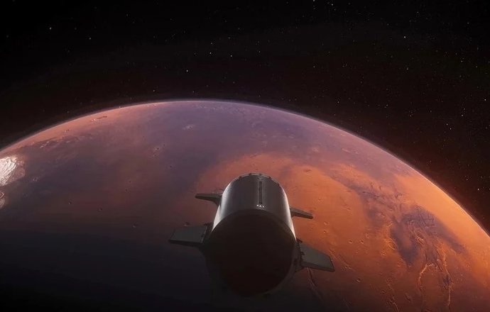 Representação artística da espaçonave Starship se aproximando de Marte.