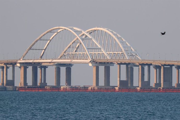 RUSSIA, REPUBLIC OF CRIMEA - JUNE 4, 2025: A view of the Crimean Bridge across the Kerch Strait linking Crimea to mainland Russia