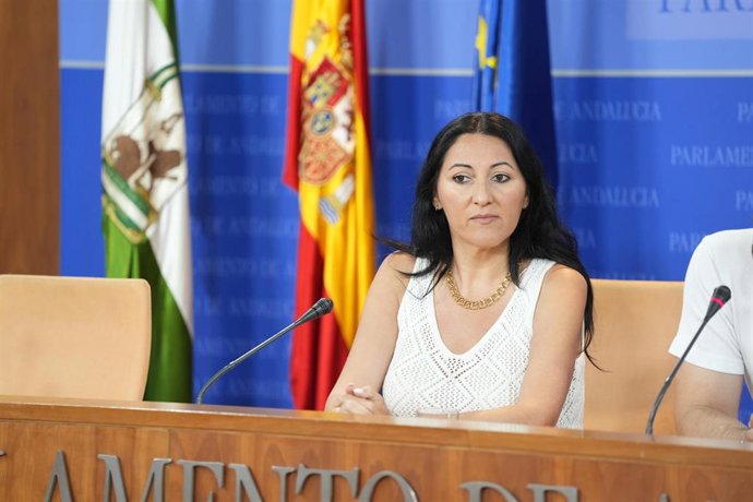 La portavoz adjunta de Por Andalucía, Alejandra Durán, este miércoles en rueda de prensa en el Parlamento.