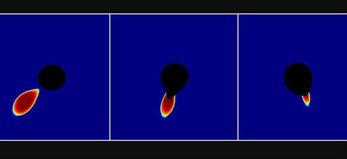 Esses três painéis são provenientes de uma simulação de supercomputador da fusão entre um buraco negro (círculo preto grande) e uma estrela de nêutrons (bolha colorida).