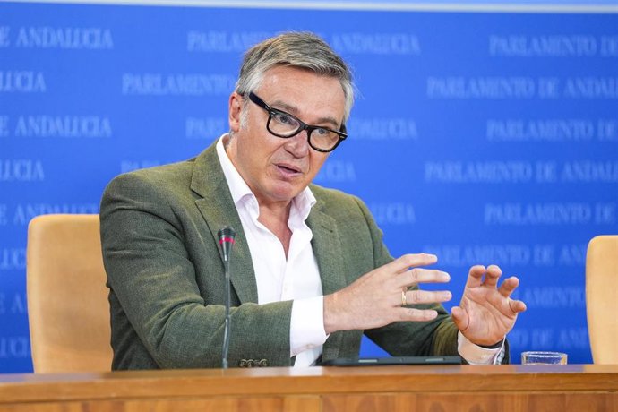 El portavoz del Grupo Vox en Andalucía, Manuel Gavira, este miércoles en rueda de prensa en el Parlamento. 