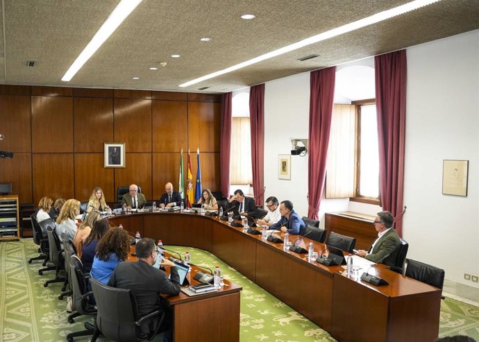 Imagen de este miércoles de la reunión de la Junta de Portavoces para la aprobación del orden del día del Pleno de los días 12 y 12, que incluye un debate general con la comparecencia del presidente de la Junta, Juanma Moreno.