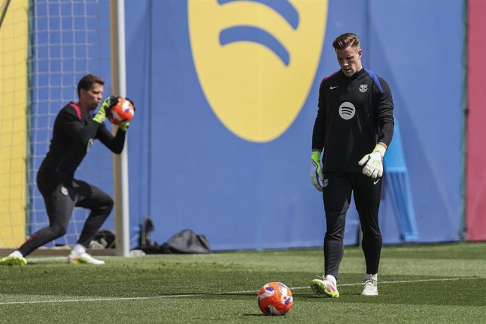 Marc-Andre ter Stegen during the training day of FC Barcelona ahead the Spanish League, La Liga EA Sports, football match against RCD Espanyol at Ciudad Esportiva Joan Gamper on May 14, 2025 in Sant Joan Despi, Barcelona, Spain.