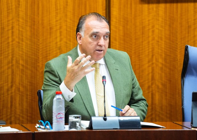 El consejero de Turismo y Andalucía Exterior, Arturo Bernal, durante la comisión de este miércoles.
