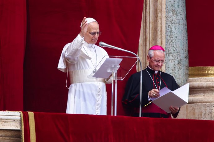 May 11, 2025, Vatican City, Vatican: Pope Leo XIV delivers his first Regina Caeli prayer and addresses Urbi et Orbi blessing for people who gathered in front of Saint Peter's Basilica on May 11, 2025 in Vatican City, Vatican.