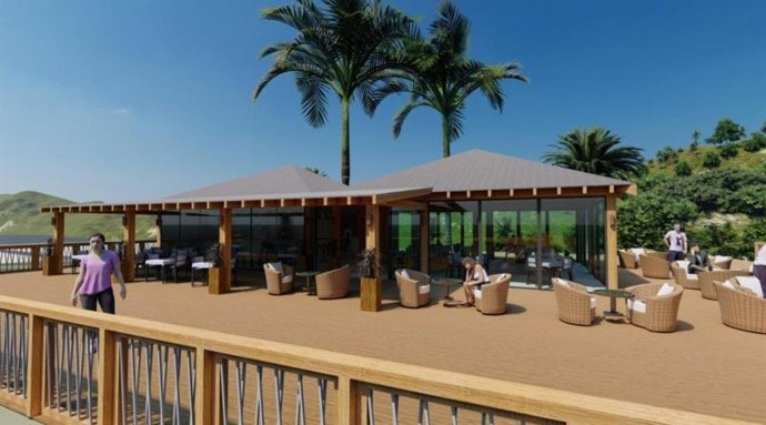 Diseño del restaurante en uno de los miradores con pérgolas del Paseo Marítimo de El Toyo, en Almería.