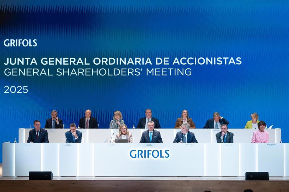 Junta general de accionistas de Grifols, a 5 de junio de 2025, en Sant Cugat, Barcelona, Catalunya (España). El consejo de administración de Grifols vota en su junta general ordinaria de accionistas, en segunda convocatoria, un plan de retribución varia