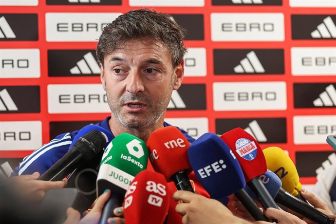 Santi Denia, head coach of Spain U21, attends the media during a training session prior to the UEFA European Under 21 Championship at Ciudad del Futbol on June 05, 2025, in Las Rozas, Madrid, Spain.