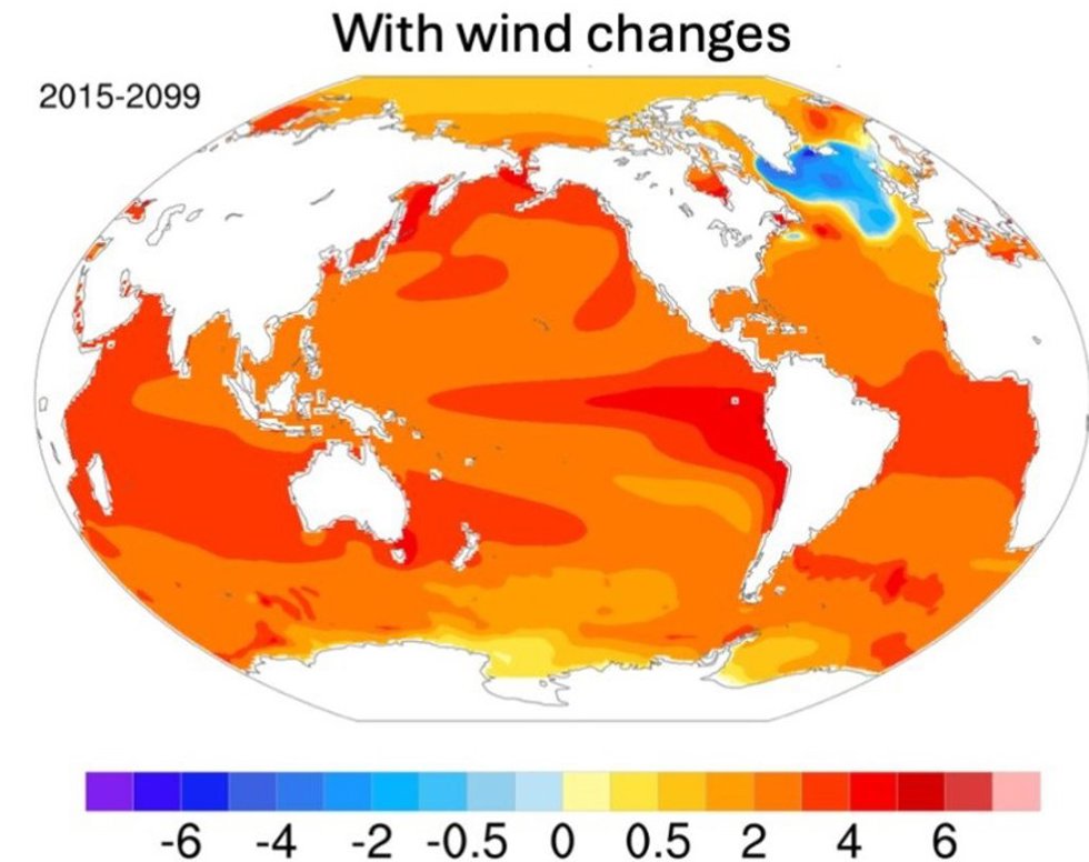 Los mapas muestran las tendencias proyectadas de la temperatura de la superficie del mar durante el período 2015-2099 debido a las emisiones moderadas a altas de gases de efecto invernadero.