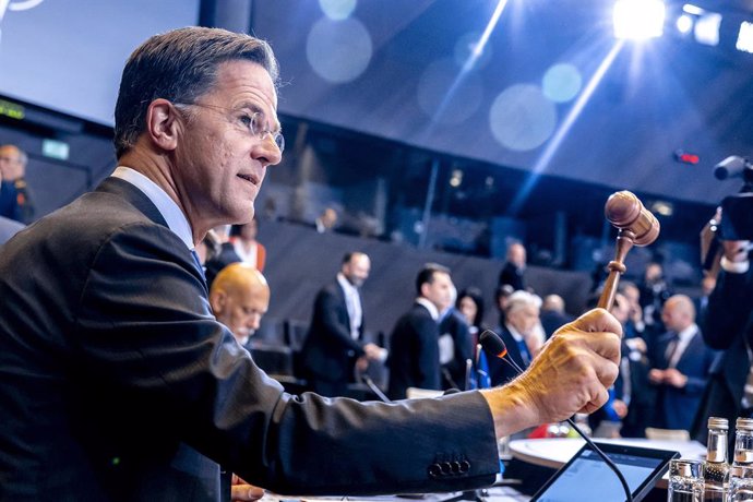 HANDOUT - 05 June 2025, Belgium, Brussels: NATO Secretary General Mark Rutte begins the meeting of NATO Defence Ministers in Brussels Photo: NATO/dpa - ATTENTION: editorial use only and only if the credit mentioned above is referenced in full