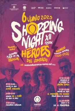 Cartel de la Shopping Night, bajo el lema 'Héroes del Comercio'.