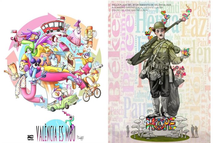 Bocetos de las fallas municipales de 2026 con los lemas 'València es mou' y 'Hope'.