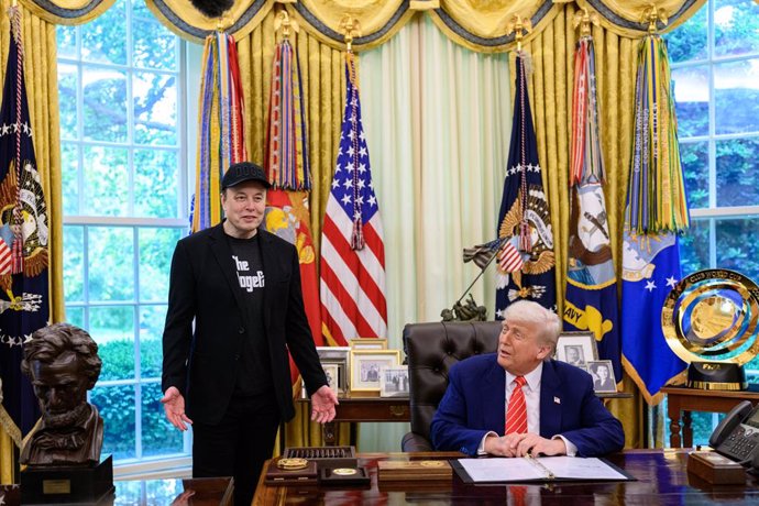 May 30, 2025, Washington, District of Columbia, USA: President Donald Trump participates in a press conference with departing DOGE adviser Elon Musk, Friday, May 30, 2025, in the Oval Office.